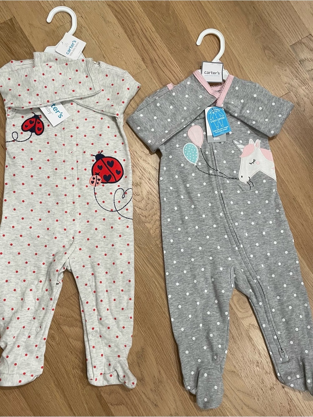 Carter's Gray Polka Dot Unicorn and Cream Polka kid Ladybug Sleepers - 2 Pack 9M